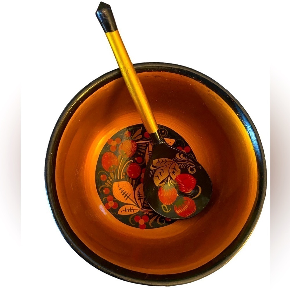 Vintage spoon and bowl hand painted folk style wooden set